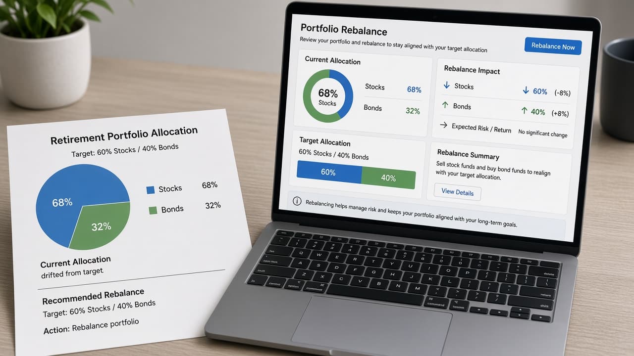Pie chart of retirement allocations beside a rebalance reminder note