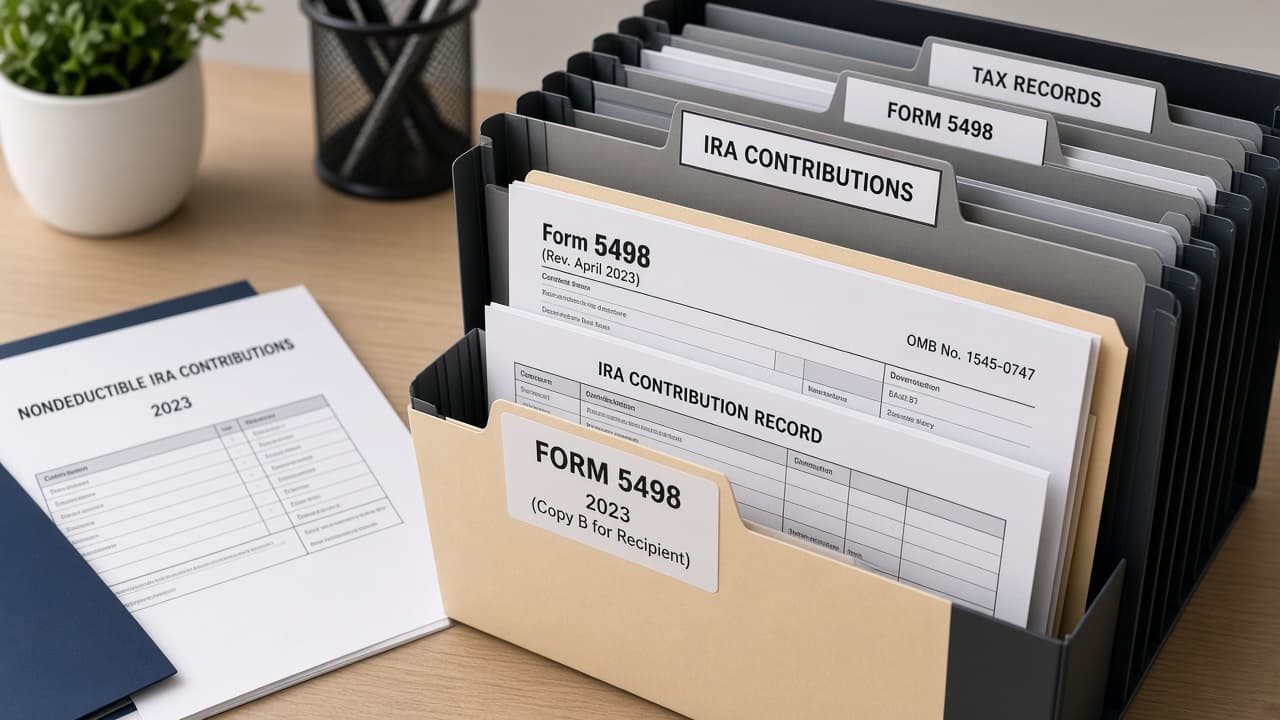 Folder labeled tax records holding Form 5498 style statements