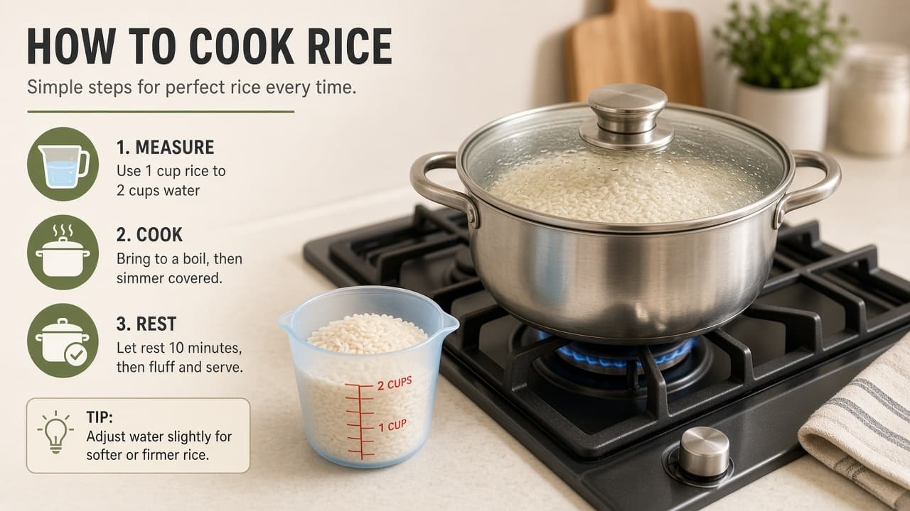 Fluffed white rice in a pot with a fork resting on the rim