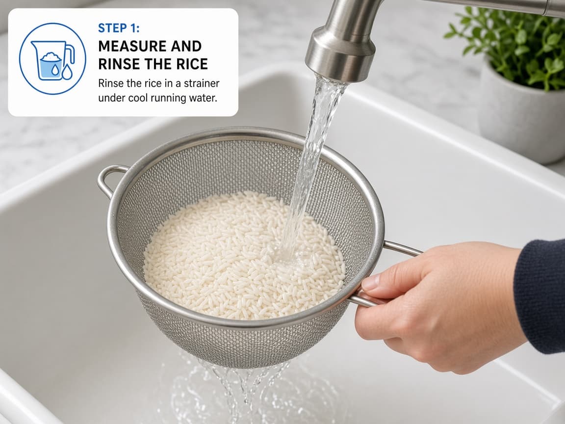 Rice in a strainer under cool running water