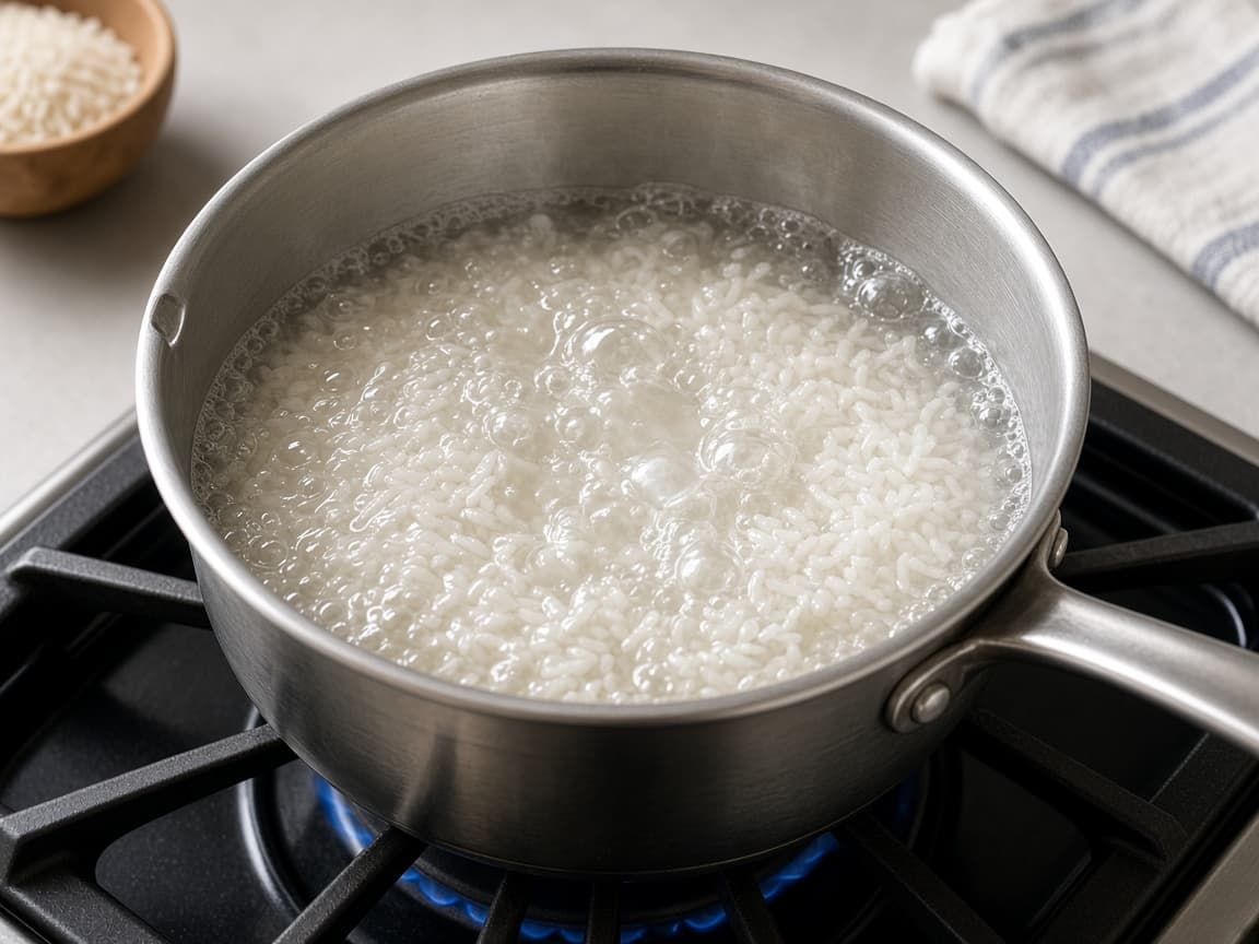 Saucepan of rice and water coming to a boil