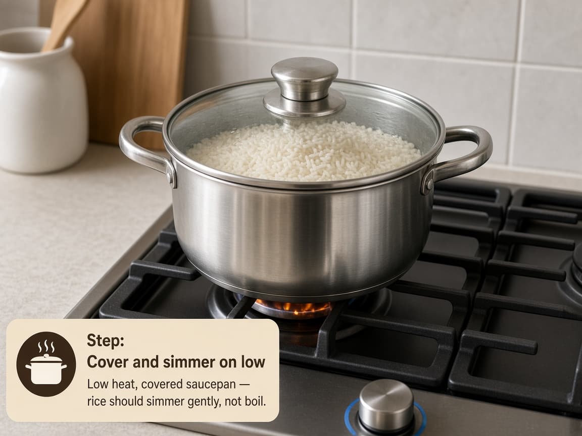 Covered saucepan simmering rice on a low burner