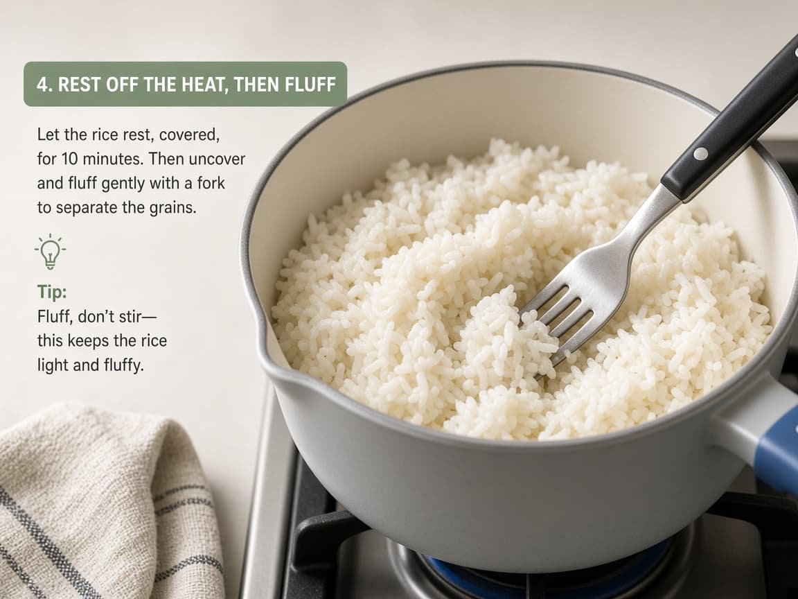 Fork fluffing steamed white rice in a pot