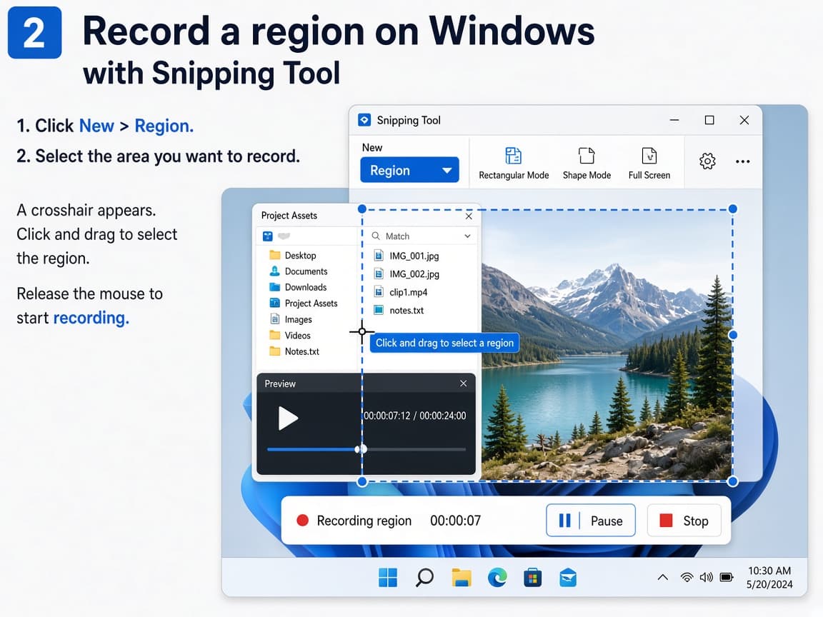 Illustrative Windows Snipping Tool recording overlay with a selected screen region
