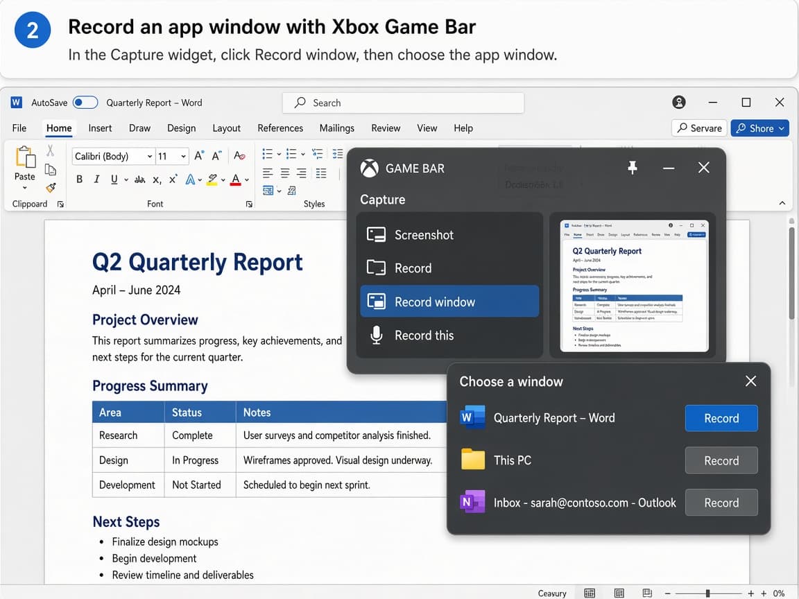 Illustrative Xbox Game Bar Capture widget over an active app window