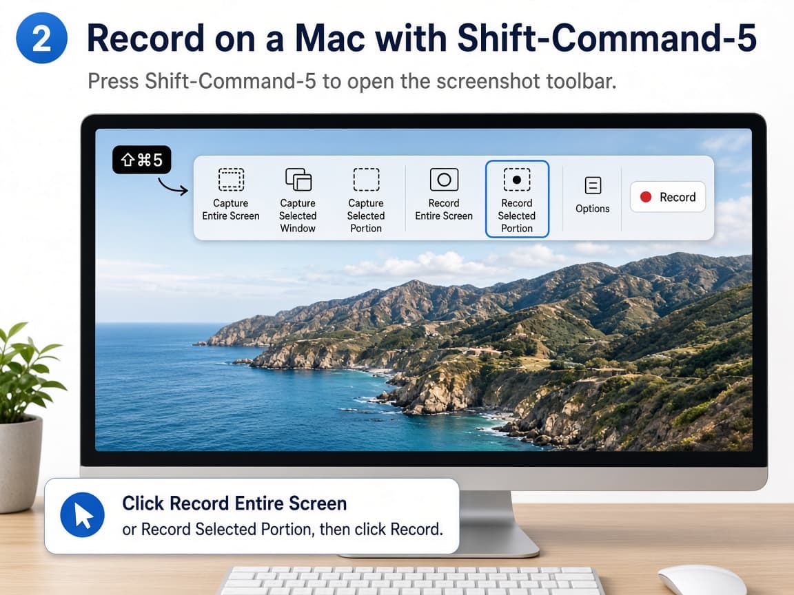 Illustrative Mac screenshot toolbar with Record Entire Screen and Record Selected Portion controls