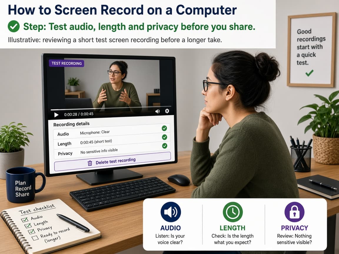 Illustrative person reviewing a short test screen recording before a longer take
