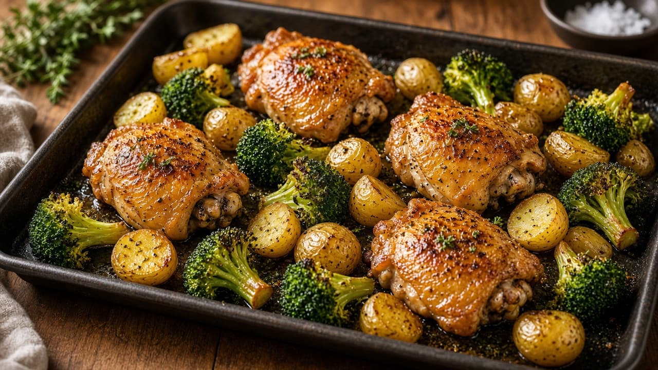 Sheet pan of roasted chicken thighs, baby potatoes and broccoli ready to serve