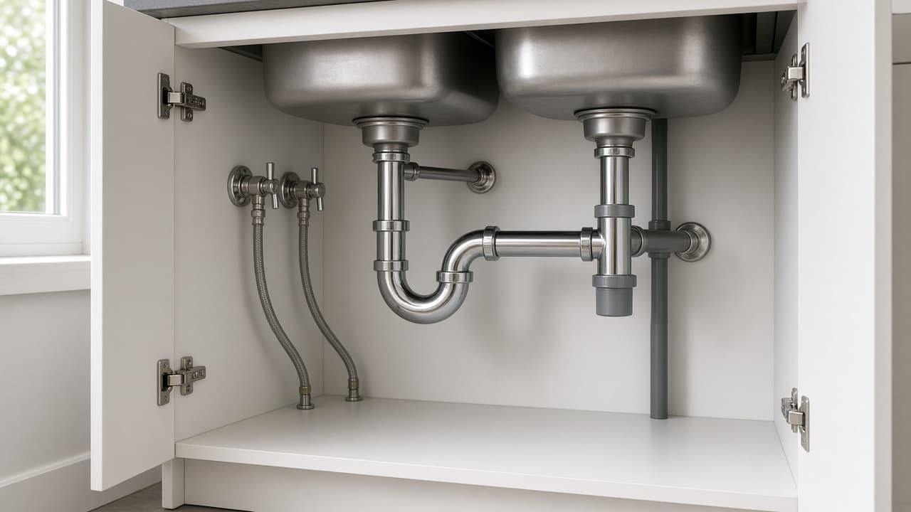 Kitchen sink with a cup plunger and bucket ready under the cabinet
