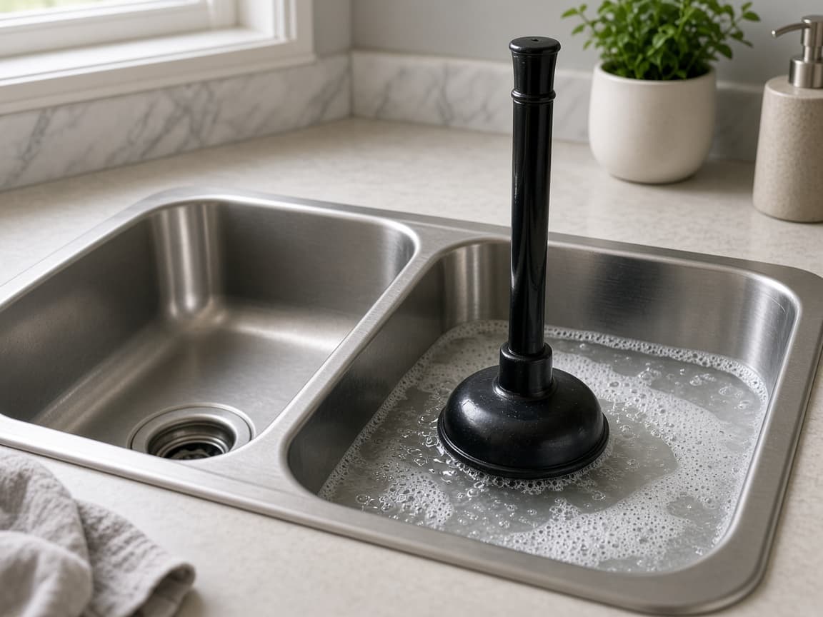 Cup plunger on a kitchen drain with the second sink sealed