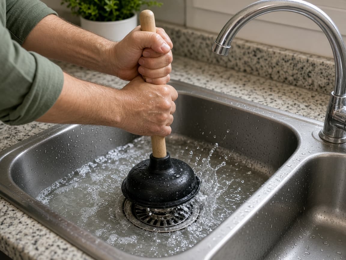 Towel ready beside a double sink during plunging