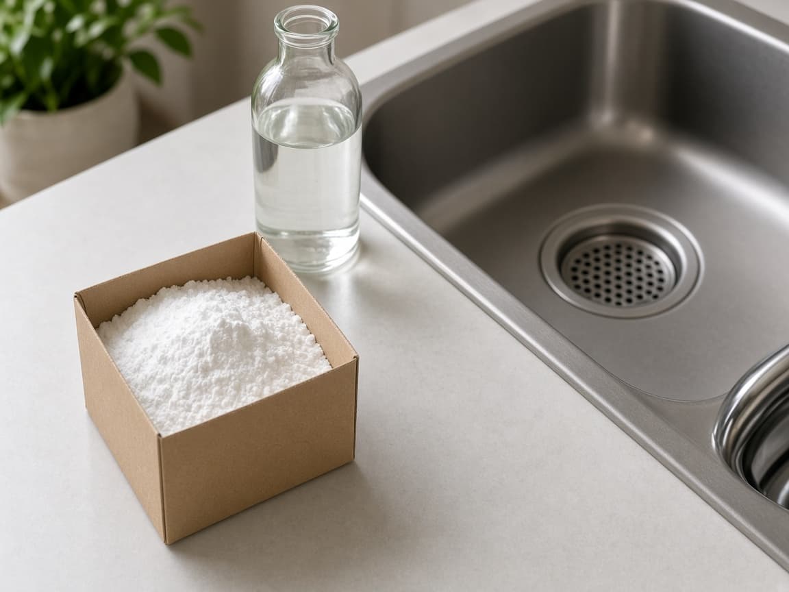Baking soda and vinegar poured into a kitchen drain