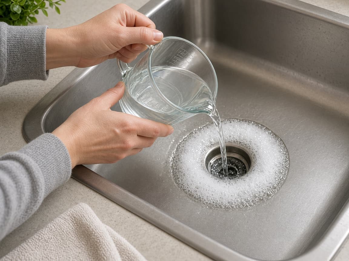 Chemical cleaner bottle set aside before trap work