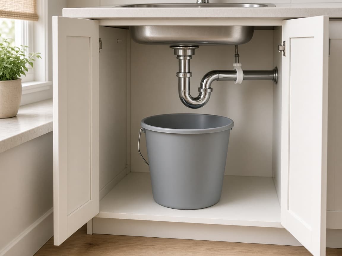 P-trap removed over a bucket under the kitchen sink