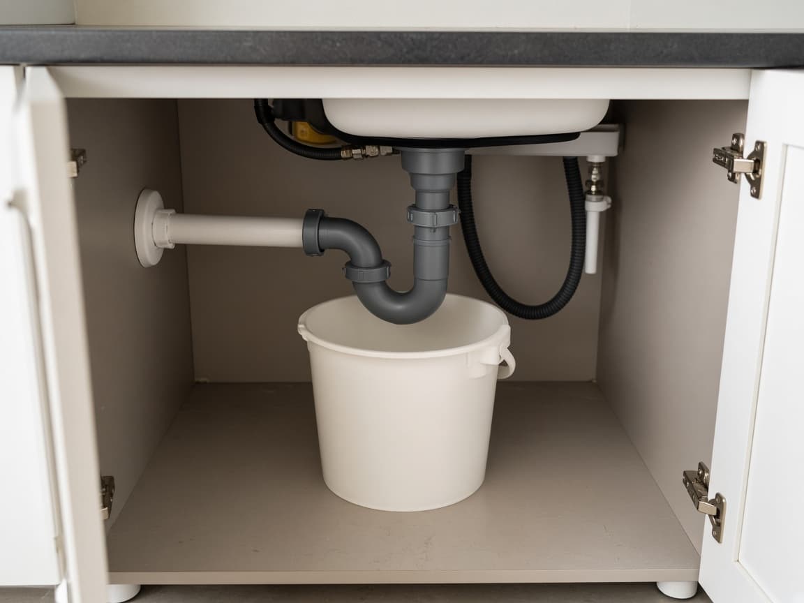Hands supporting a P-trap while slip nuts loosen