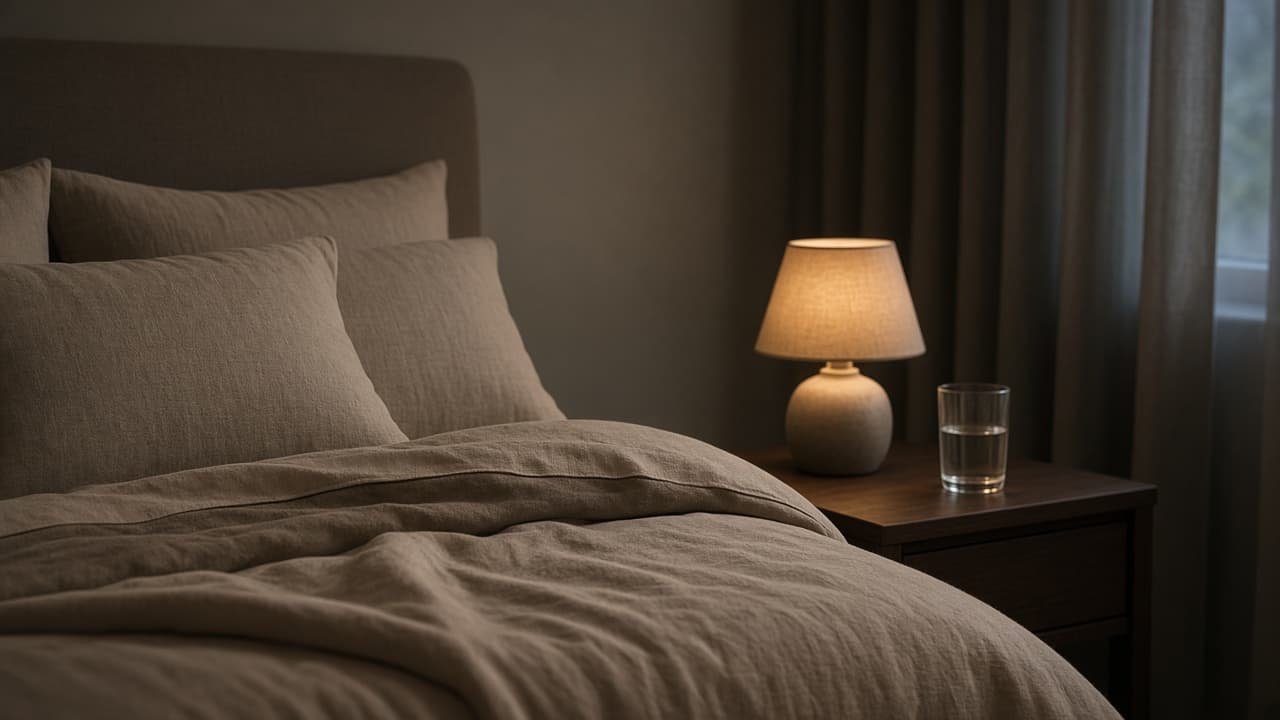 Dim bedroom with cool bedding, covered clock and phone charging outside the room