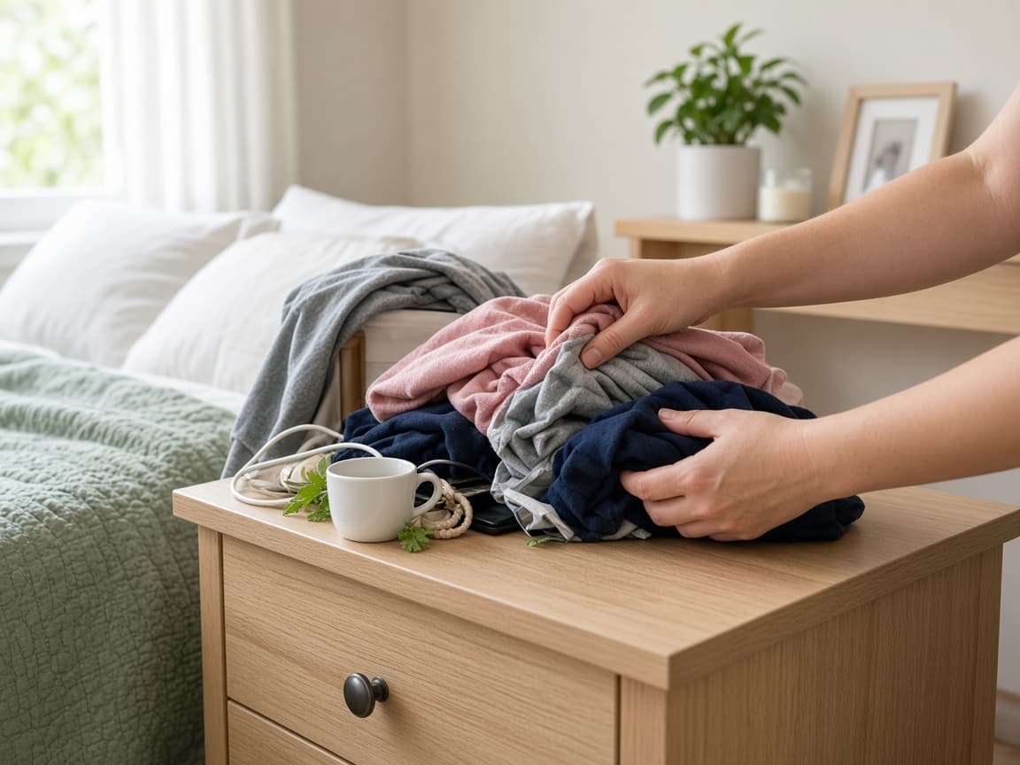 Bed cleared of laptop and laundry before night