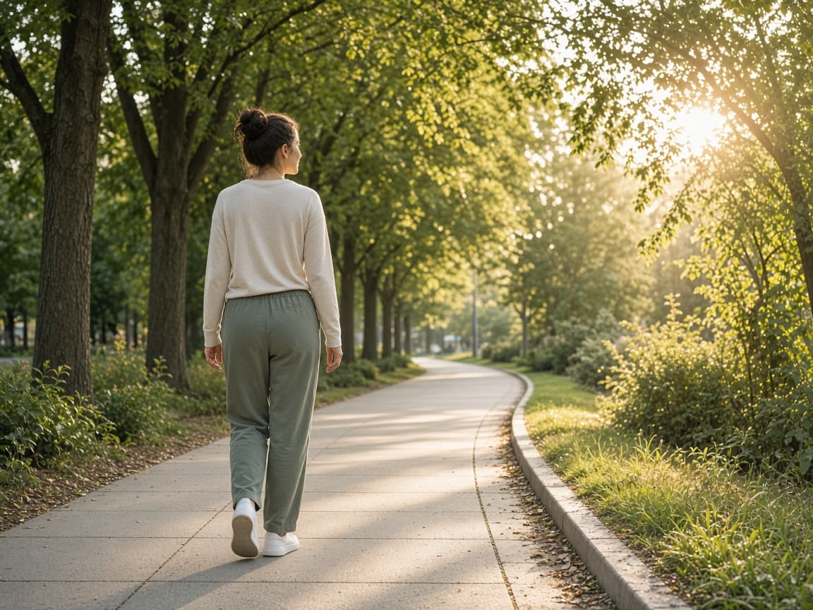 Person walking outside in morning daylight