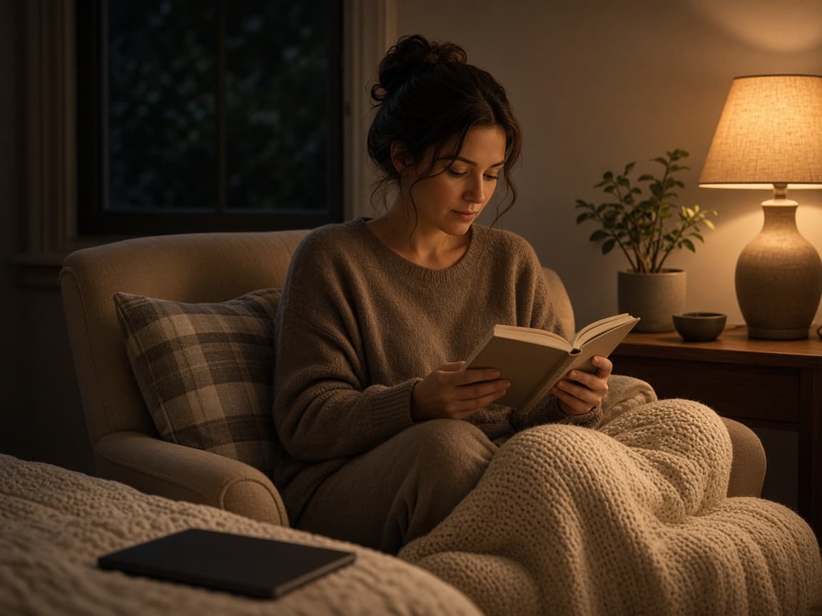 Person reading a book under a dim lamp during wind-down