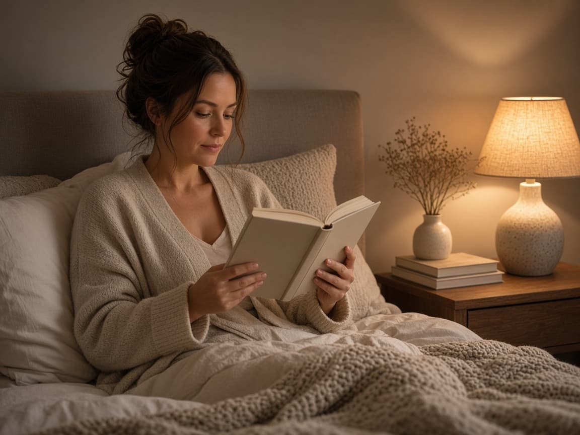 Person reading in a chair under a low lamp away from bed