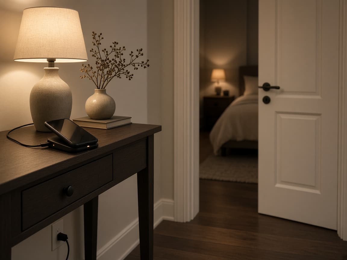 Phone charging on a dresser away from the bed