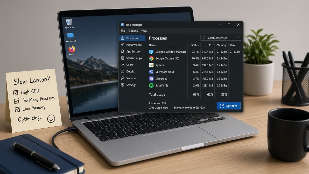 Laptop task manager and storage settings open beside a tidy desktop with fewer startup programs