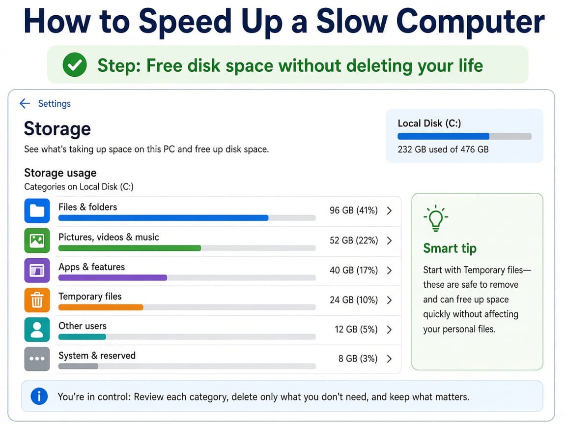 Illustrative storage settings showing categories of disk use on a PC