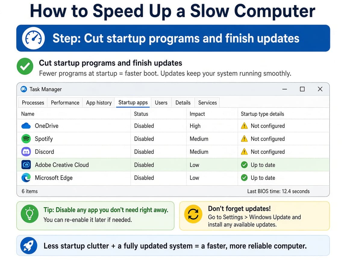 Illustrative Task Manager Startup apps list with several entries disabled
