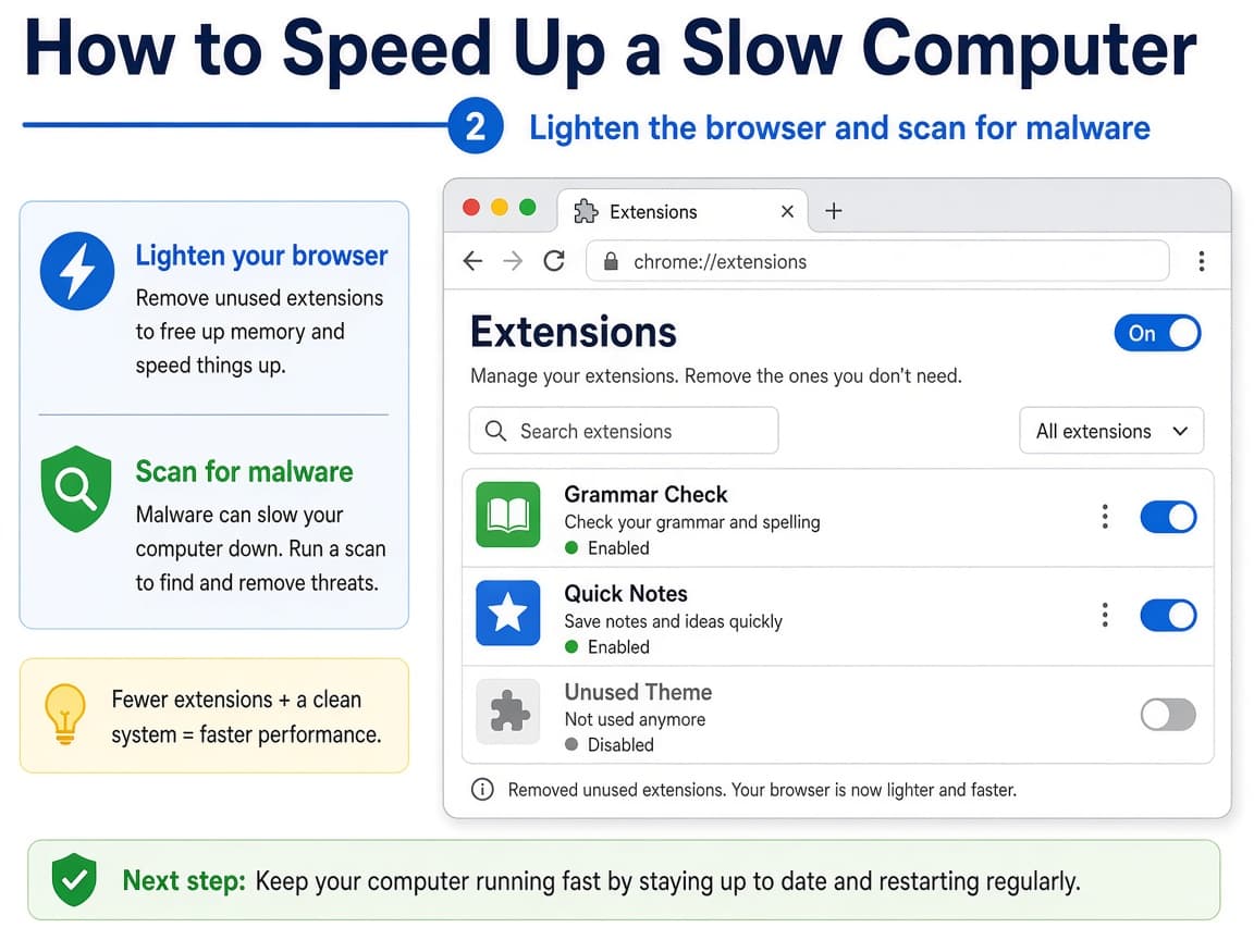 Illustrative browser extensions page with unused add-ons removed