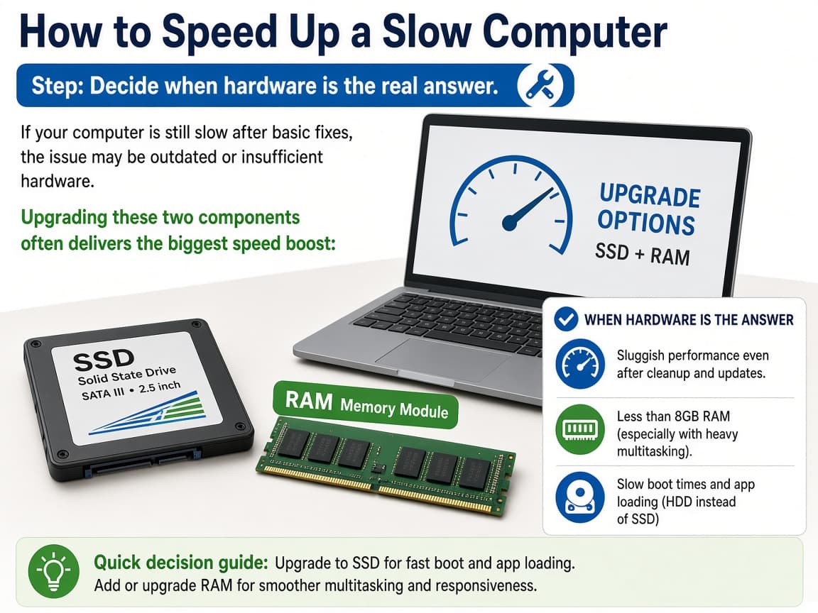 Illustrative SSD and RAM modules beside a laptop as upgrade options