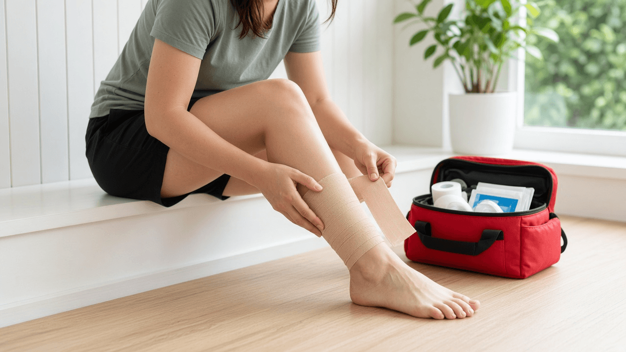 Ankle wrapped with an elastic bandage beside an ice pack and crutches