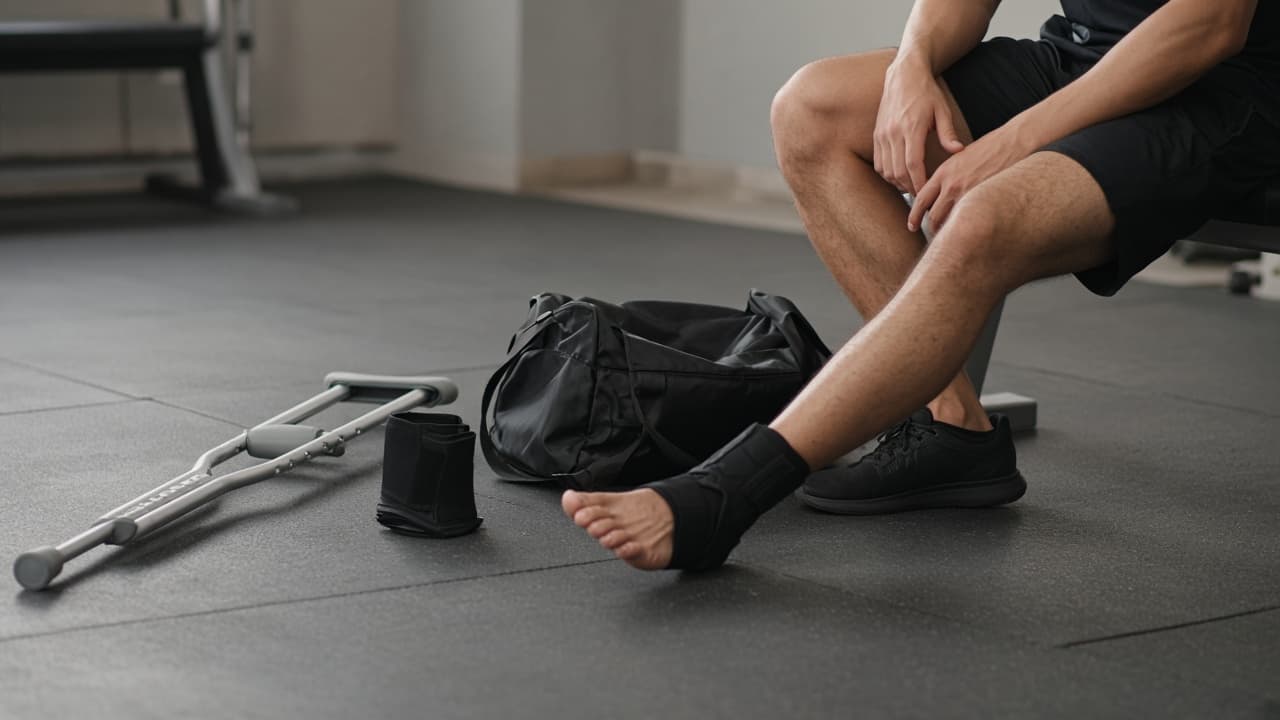 Ankle brace and crutches staged beside a seated athlete