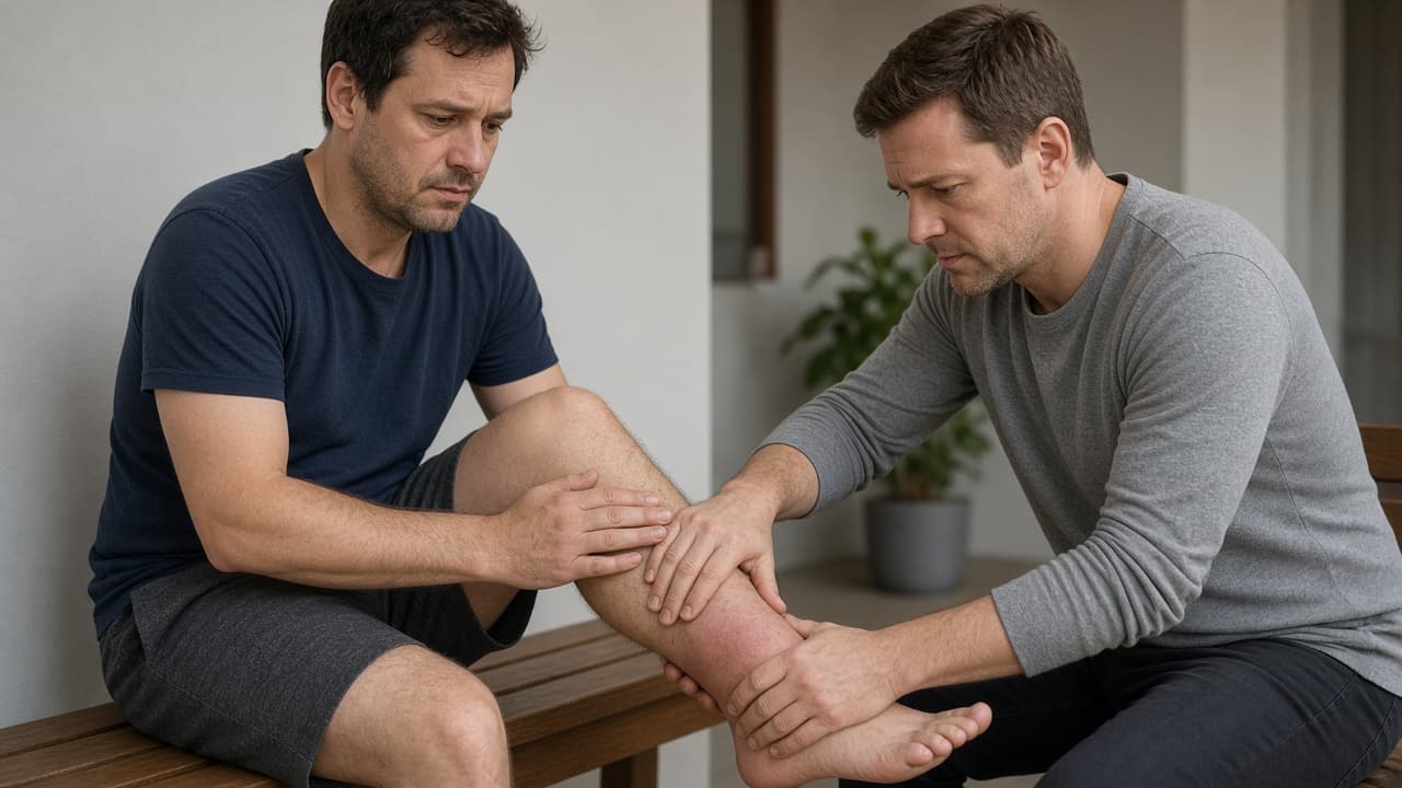 Person gently stopping a helper from twisting an injured ankle
