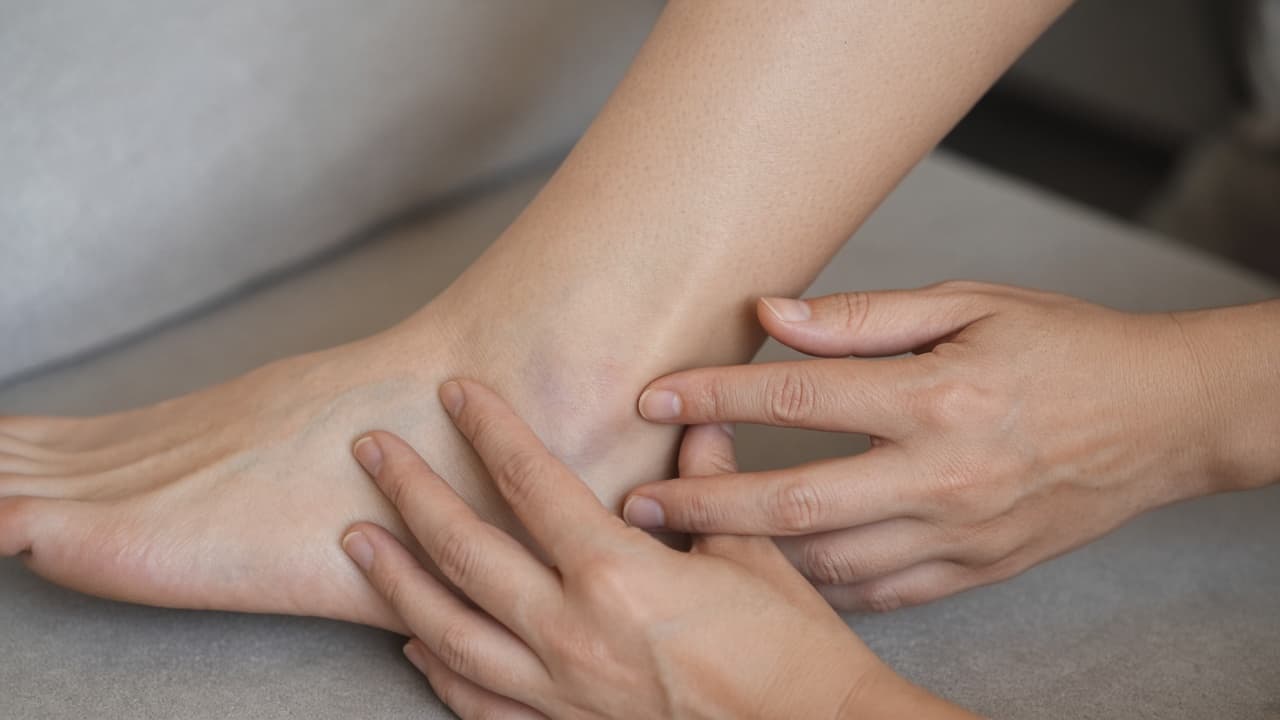Hands gently pressing the outer ankle bone to check tenderness