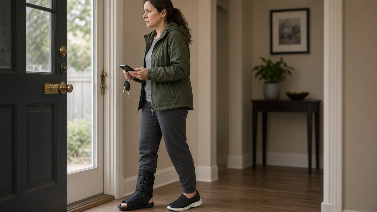 Person preparing to leave for urgent care with a braced ankle