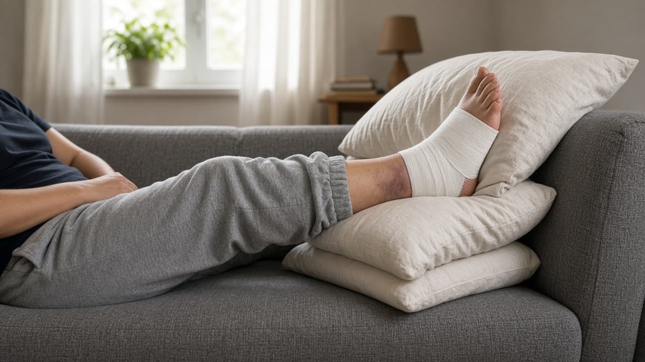 Injured ankle elevated on stacked pillows above heart level