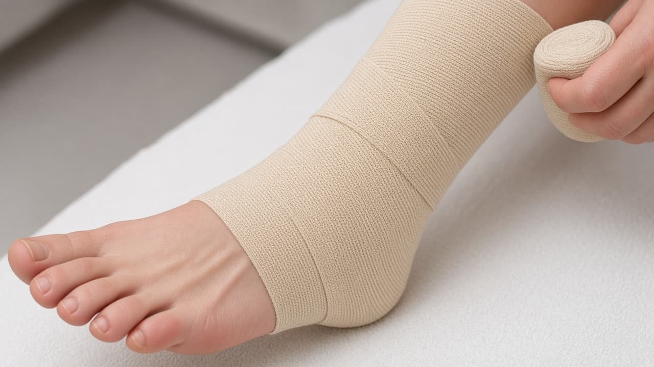 Elastic bandage wrapped from foot toward calf with toes visible