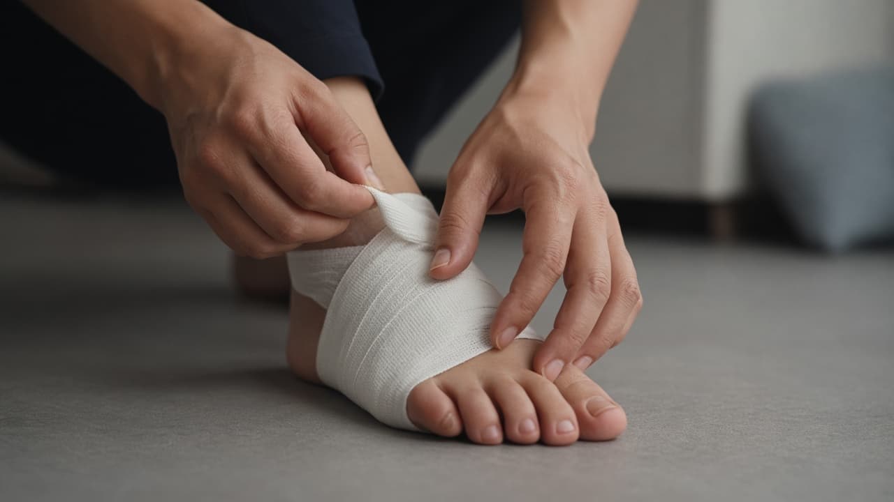 Hands loosening a too-tight ankle wrap while checking toe color