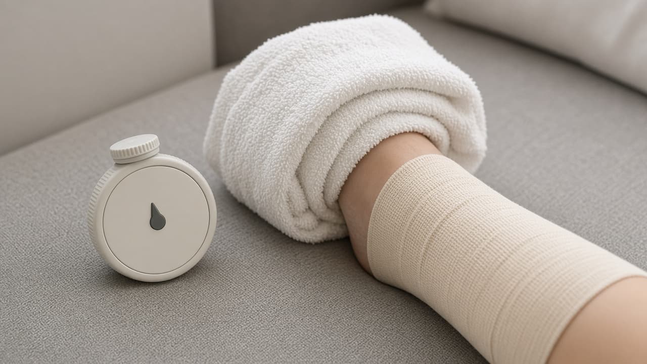 Timer set beside a towel-wrapped ice pack on an ankle