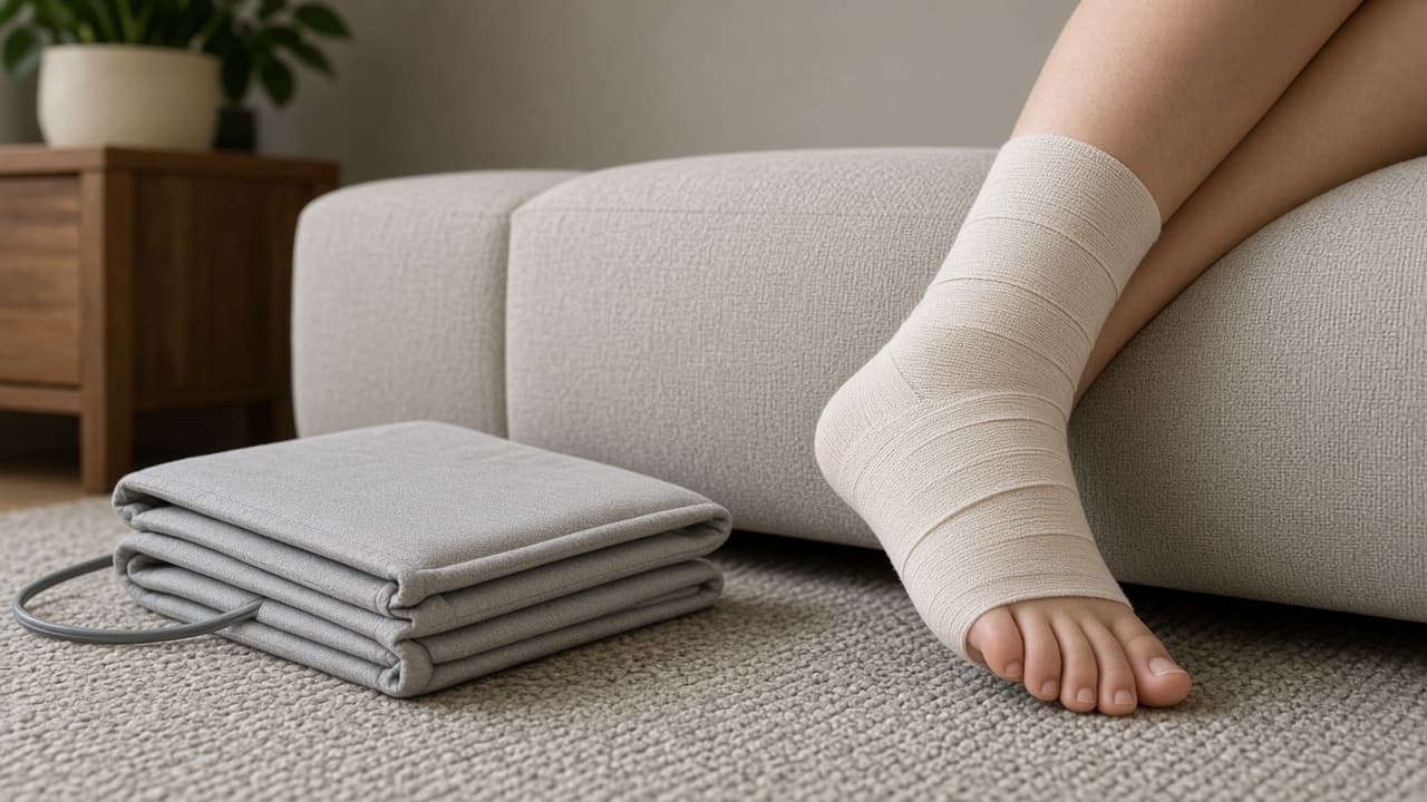 Heating pad set aside unused next to a freshly wrapped ankle