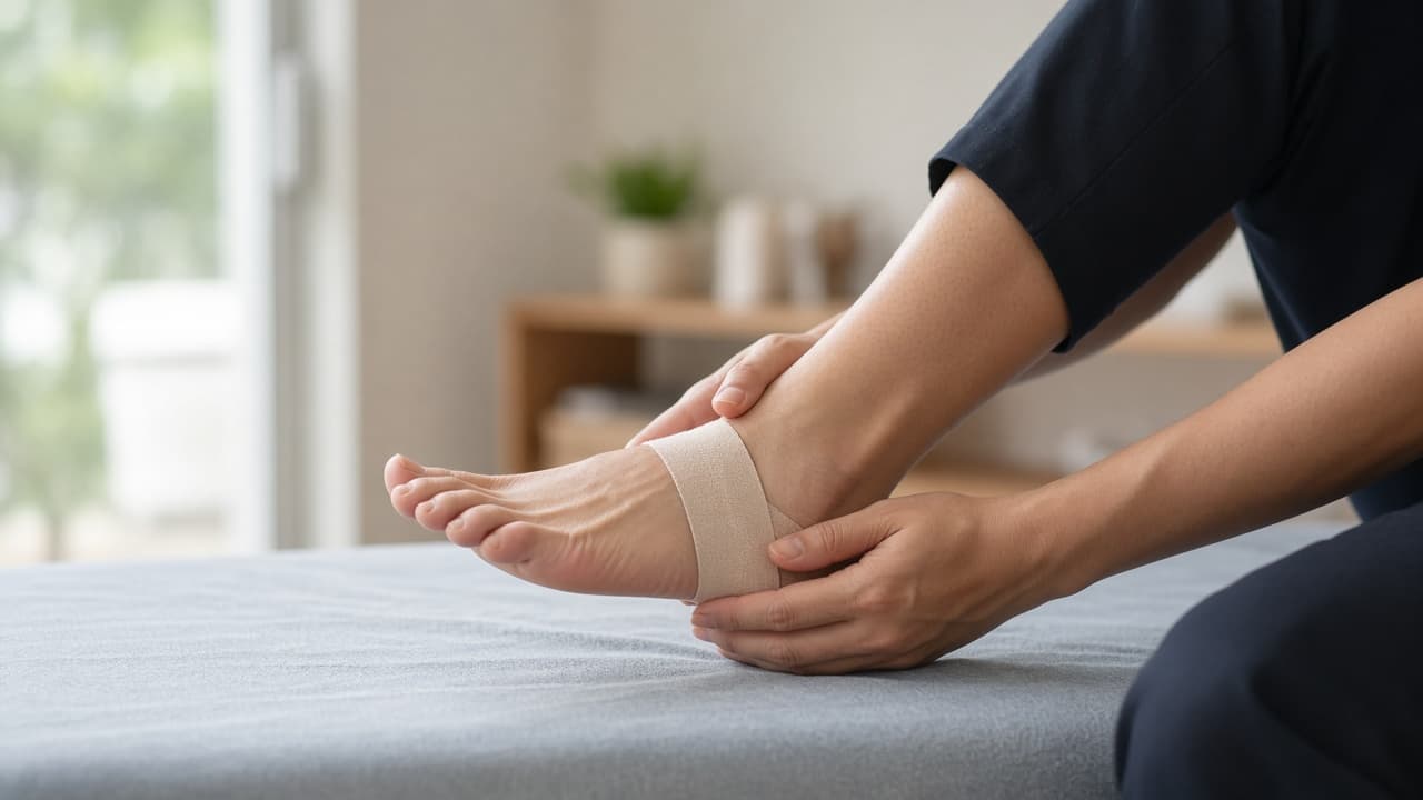 Hands guiding a gentle ankle point-and-flex motion while seated