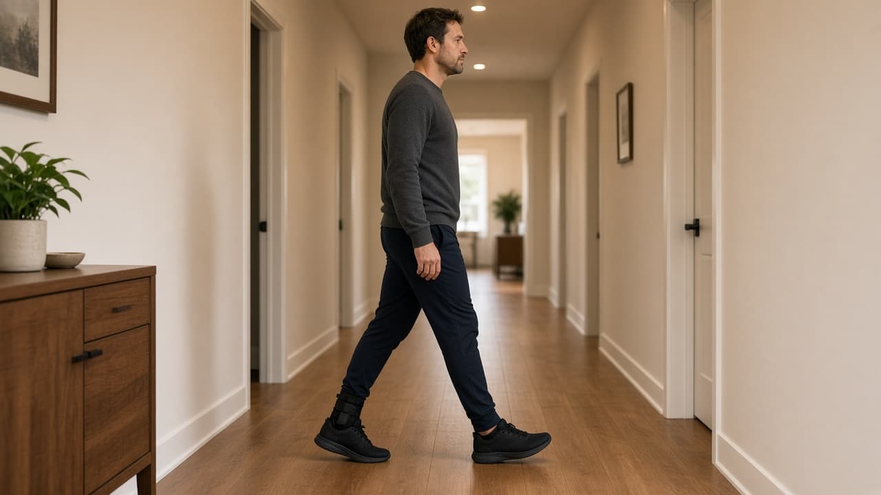 Person walking a straight indoor path in supportive shoes