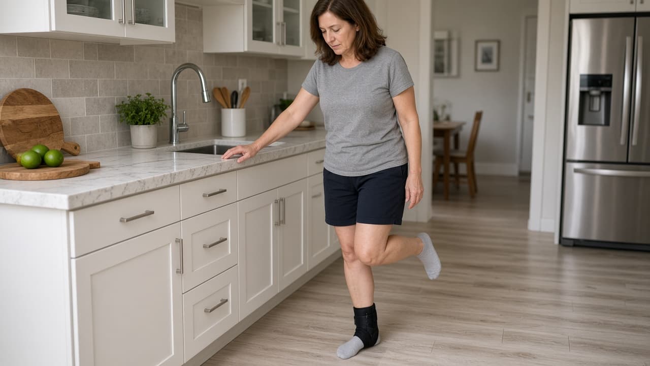 Single-leg balance on the injured side with a hand lightly on a counter