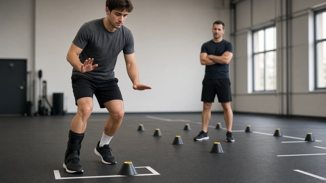 Athlete declining a cutting drill while still using an ankle brace