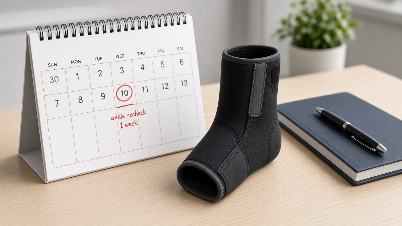 Calendar marked for a one-week ankle recheck beside a brace