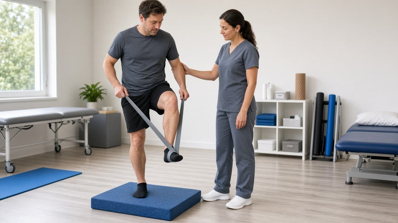 Clinic rehab session with band and balance pad for ankle recovery