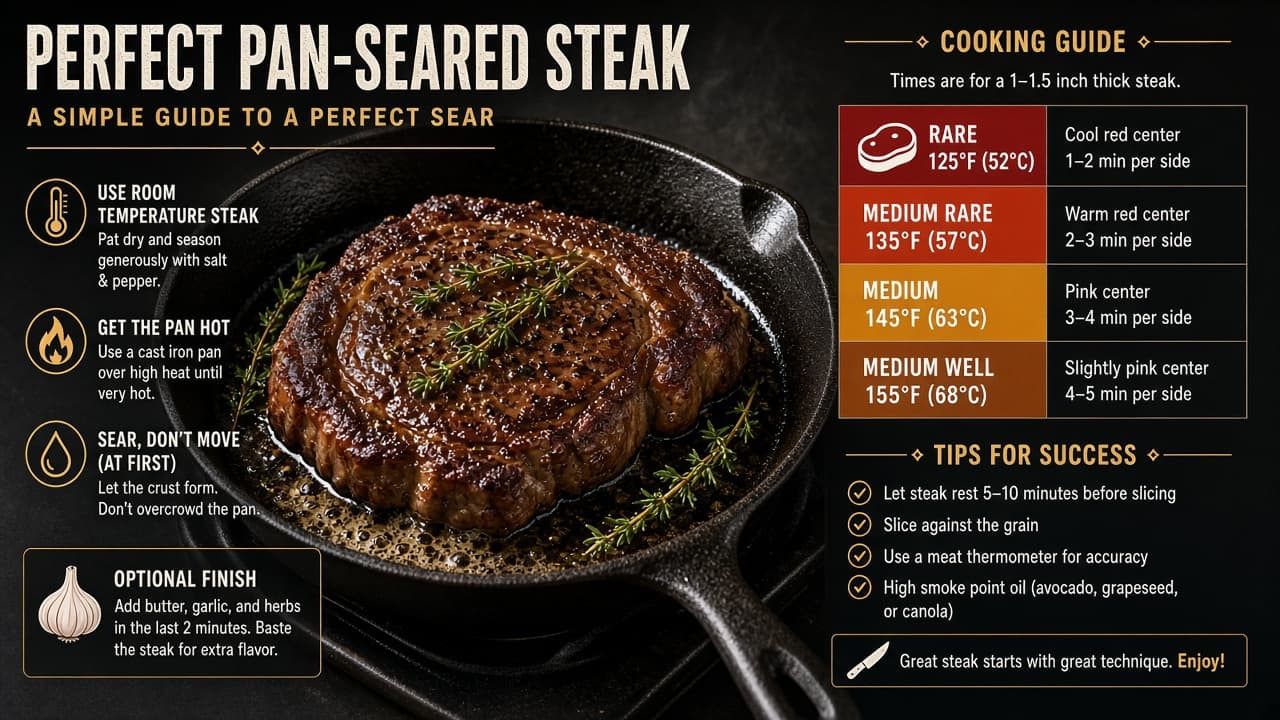 Seared steak resting on a cutting board with a meat thermometer