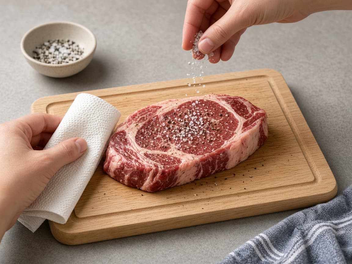 Raw steak patted dry and seasoned with salt and pepper