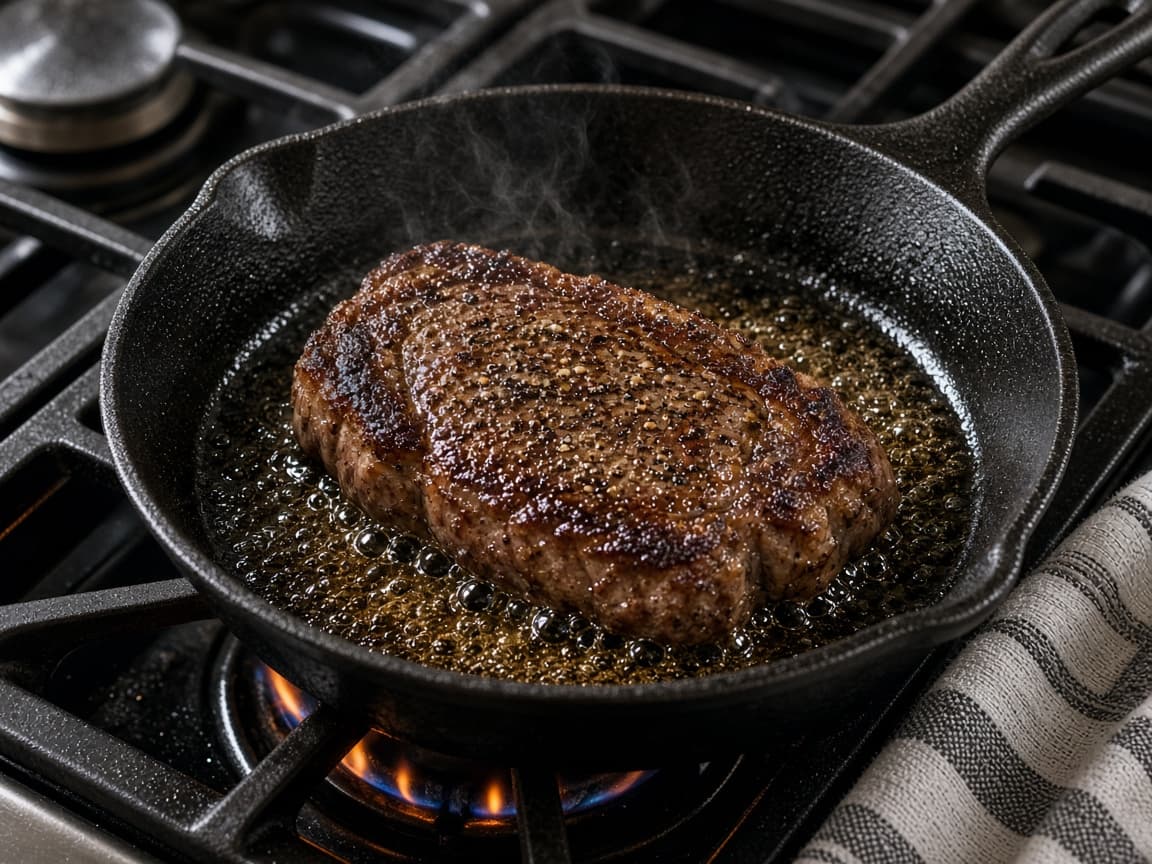Steak searing in a hot cast-iron skillet