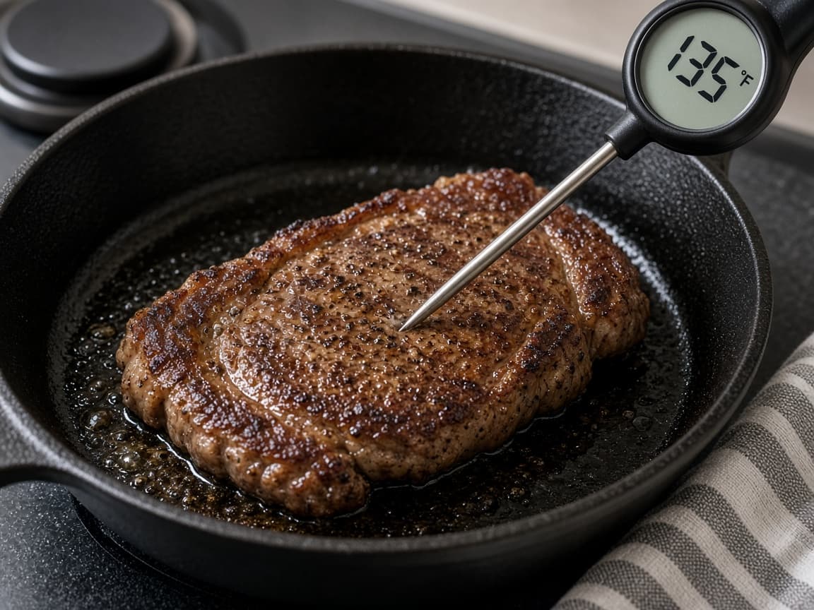 Thermometer checking steak doneness in the skillet